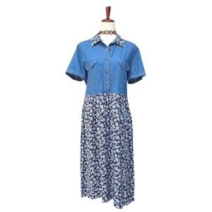 Betsy's Things Dress SZ L/XL Denim Floral Empire Waist 90s Cottagecore Tie Back